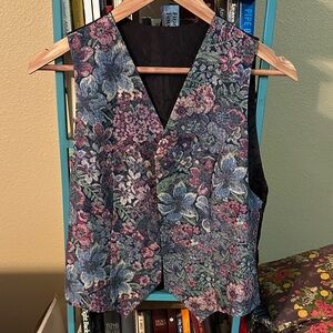 Vintage Floral Brocade Open Vest in Blue, Pink & Green
